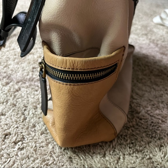 Fossil Emerson Color Block Side Pocket Satchel Tote Purse Leather Tan Black - Picture 8 of 10